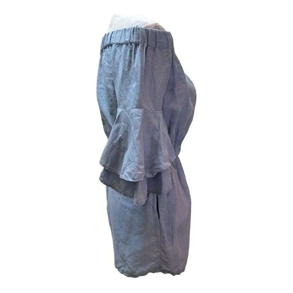 Zara Basic Chambray Blue Off‎ Shoulder Ruffle Sleeve Romper Sunsuit Size  Small